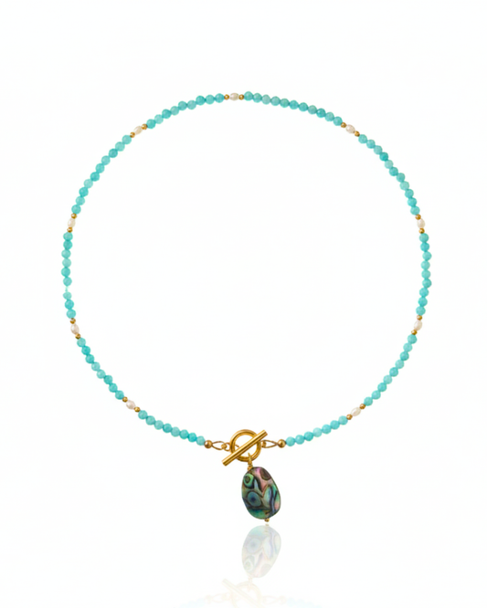 Afterglow Abalone Necklace – abalone coin with amazonite and freshwater pearls, gold toggle clasp. Designed by Charlotte's Cove 