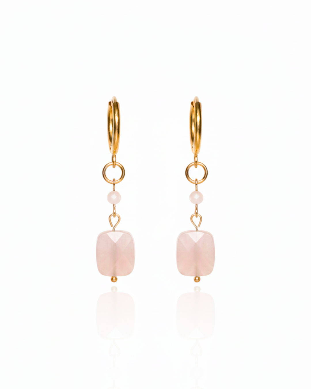 Pink Skies Earrings with faceted rose quartz rectangles and pink opal on gold huggie hoops. designed by Charlotte's Cove