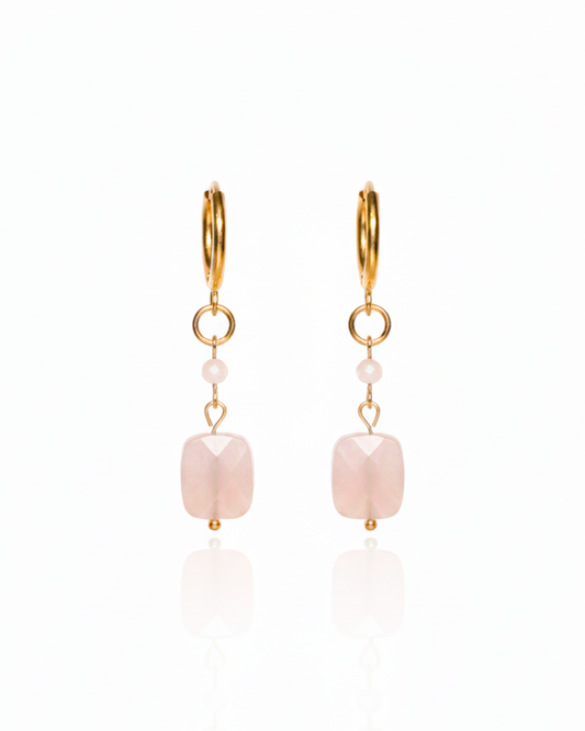Pink Skies Earrings with faceted rose quartz rectangles and pink opal on gold huggie hoops. designed by Charlotte's Cove