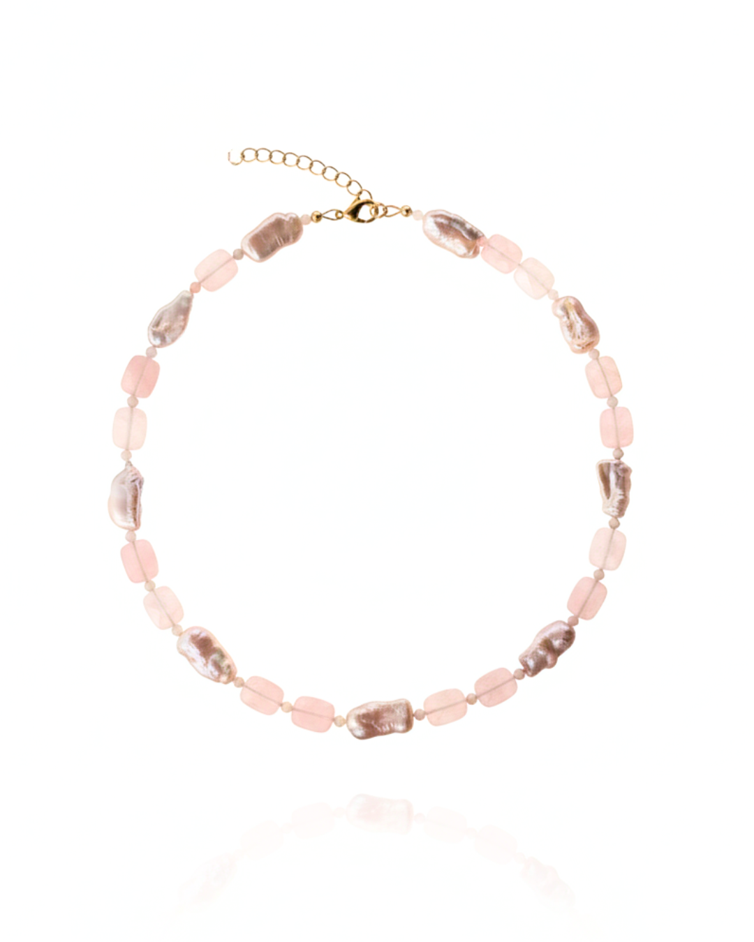 Pink Skies Necklace with faceted rose quartz rectangles, baroque pink pearls, and pink opal.