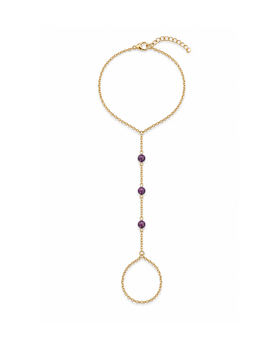 Orchid Sunset pink-purple fire opal hand chain featuring three luminous opals with coral, orange, peach, and golden flashes on a diamond-cut 18K Gold PVD chain.
