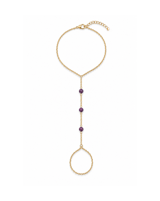 Orchid Sunset pink-purple fire opal hand chain featuring three luminous opals with coral, orange, peach, and golden flashes on a diamond-cut 18K Gold PVD chain.
