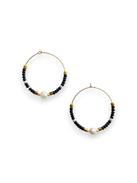 Black Color Pop Beaded Hoop Earrings