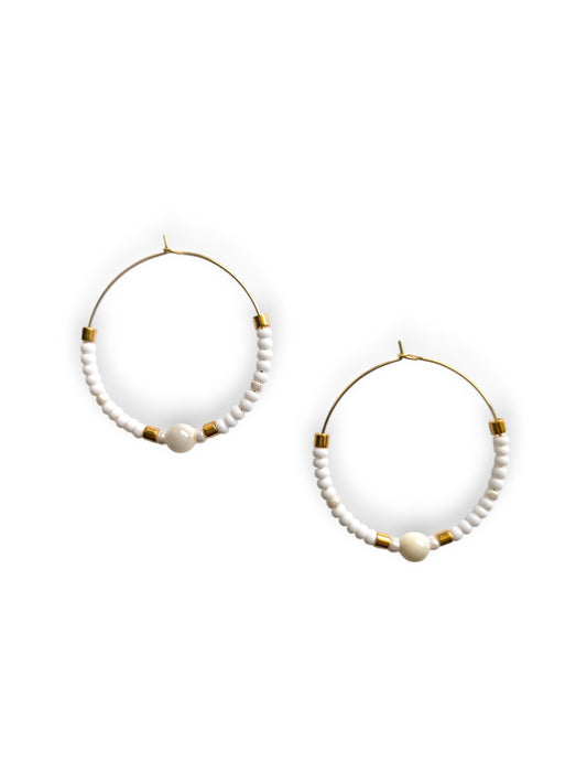 White Color Pop Beaded Hoop Earrings