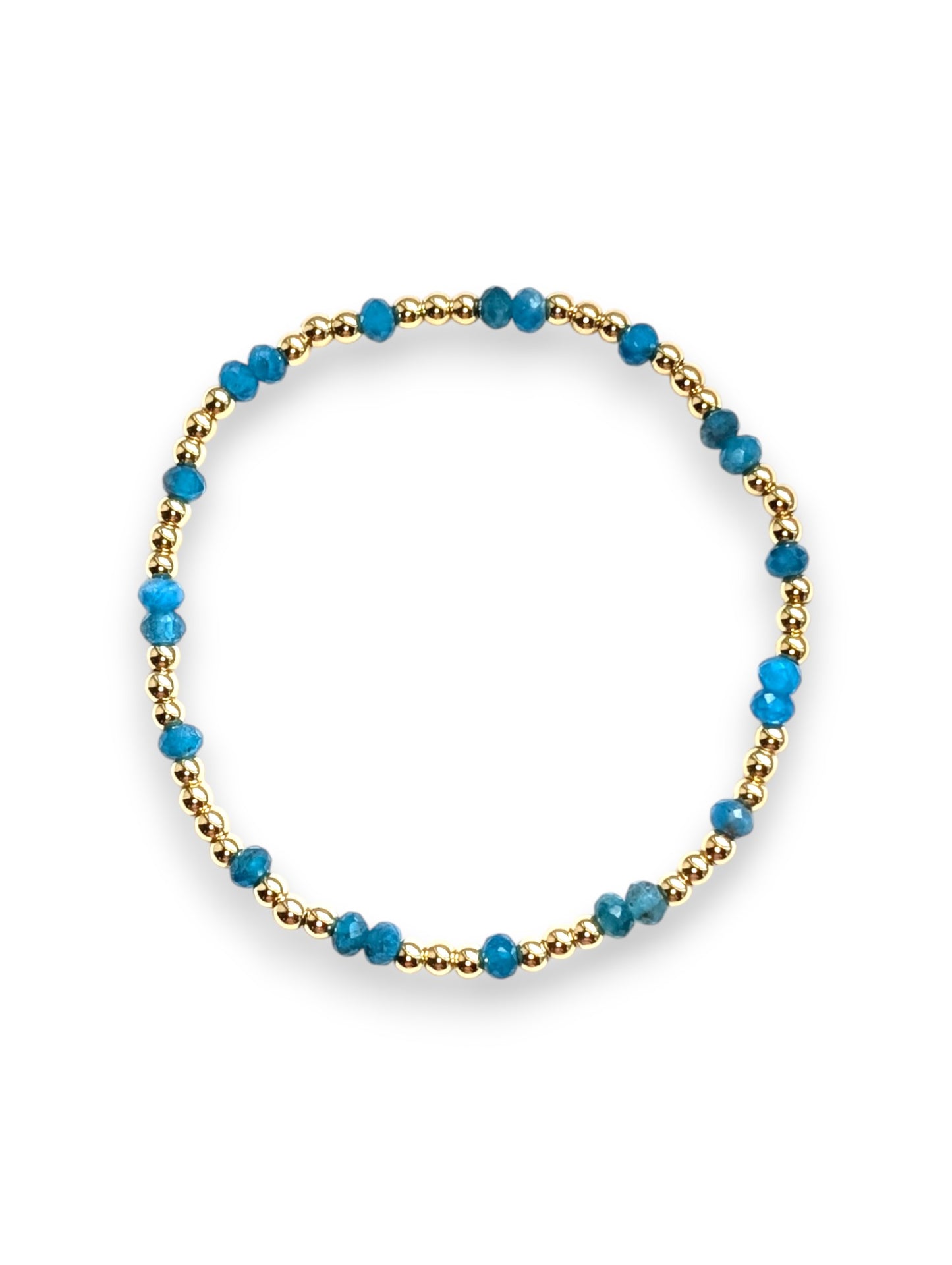 Vibrant blue apatite and gold-filled beaded stretch bracelet by Cappa Creations, handmade in Texas.