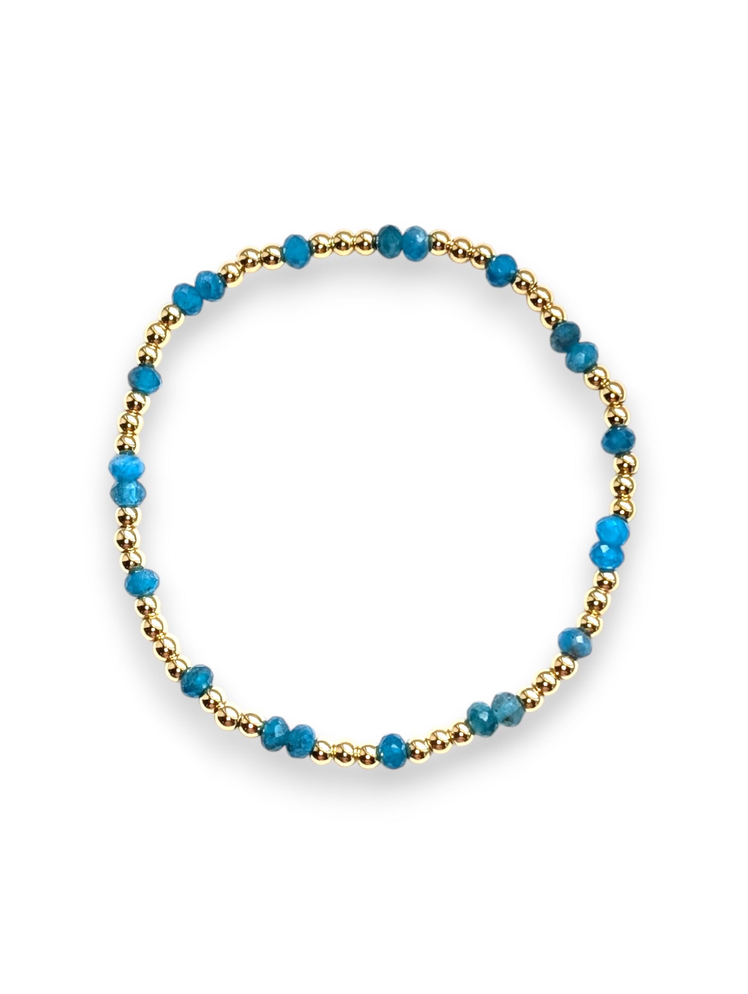 Vibrant blue apatite and gold-filled beaded stretch bracelet by Cappa Creations, handmade in Texas.