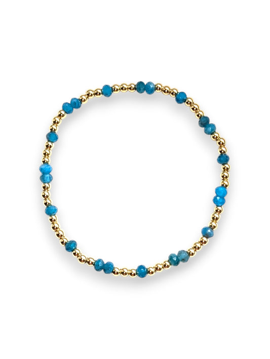 Vibrant blue apatite and gold-filled beaded stretch bracelet by Cappa Creations, handmade in Texas.