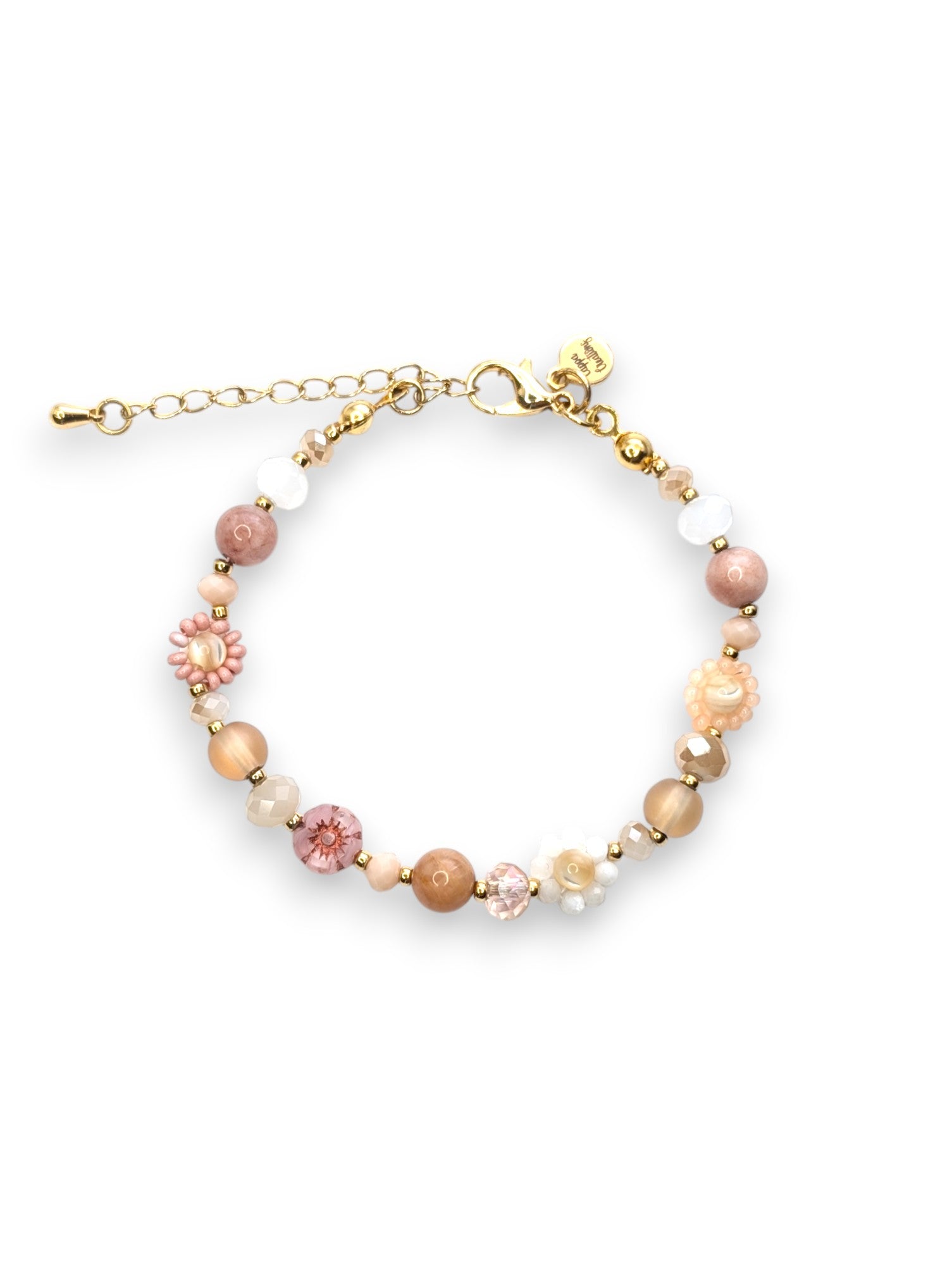 Blush Hour Daisy Chain Bracelet – blush, cream, champagne beads, gold-plated chain.
