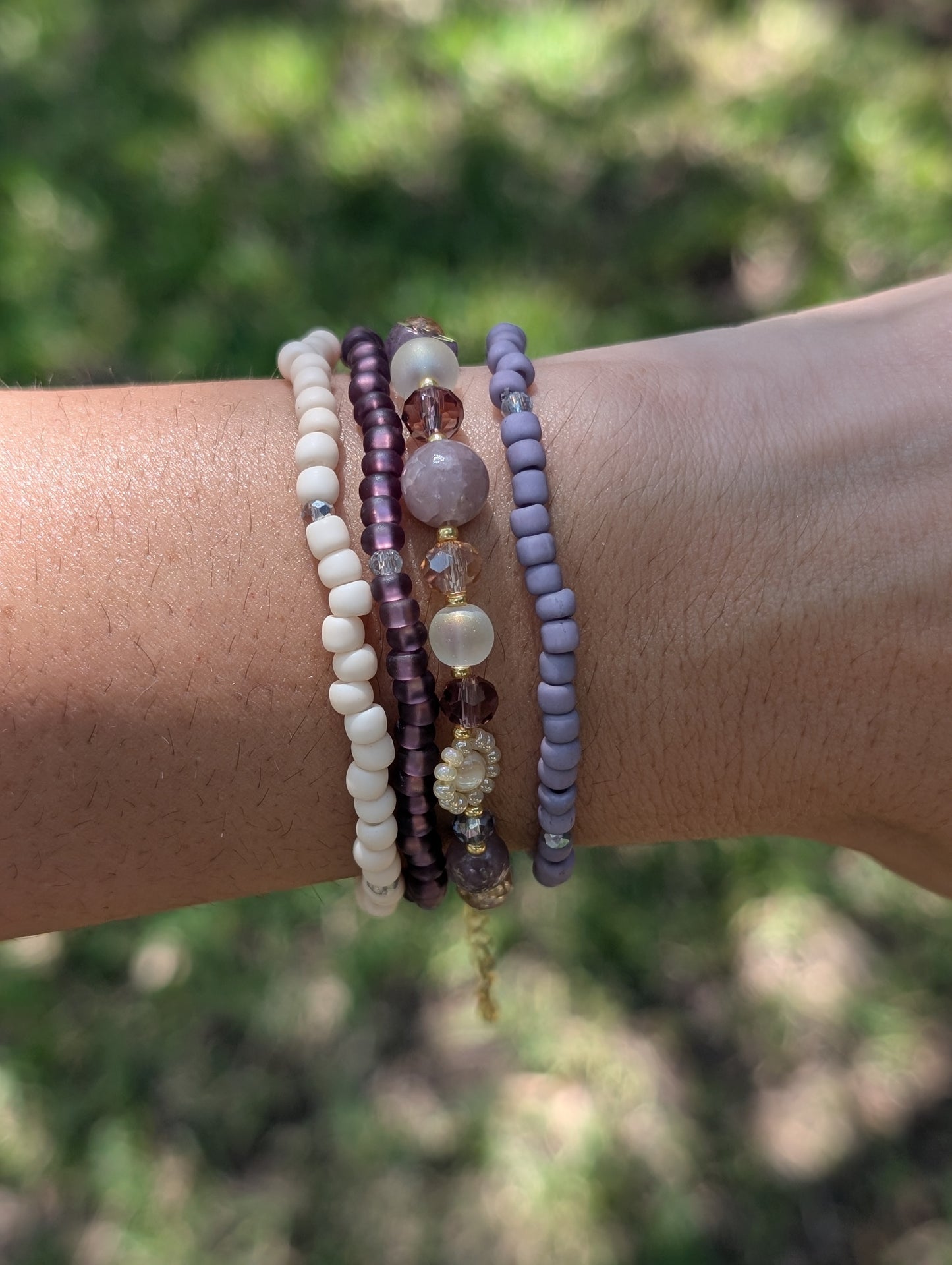 Amethyst Haze beaded bracelet stacked with other Sparkle Stacklers – Cappa Creations fall collection.”