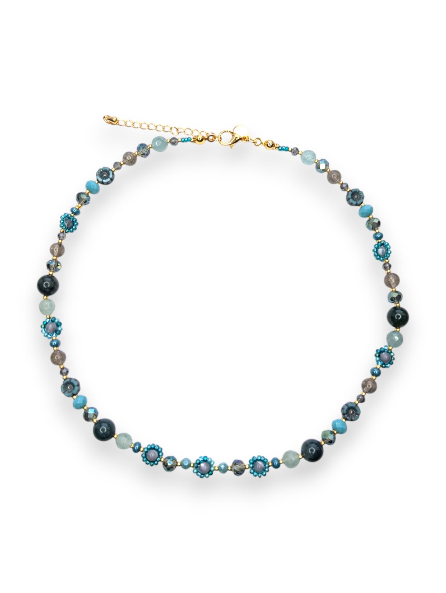 Sea La Vie Daisy Chain Necklace – jade, turquoise, aventurine beads, gold-plated chain.