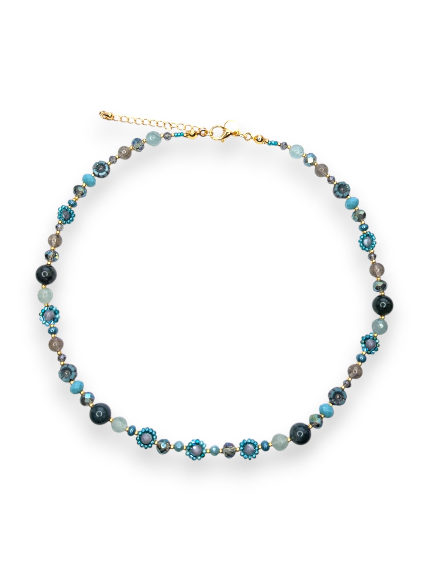 Sea La Vie Daisy Chain Necklace – jade, turquoise, aventurine beads, gold-plated chain.