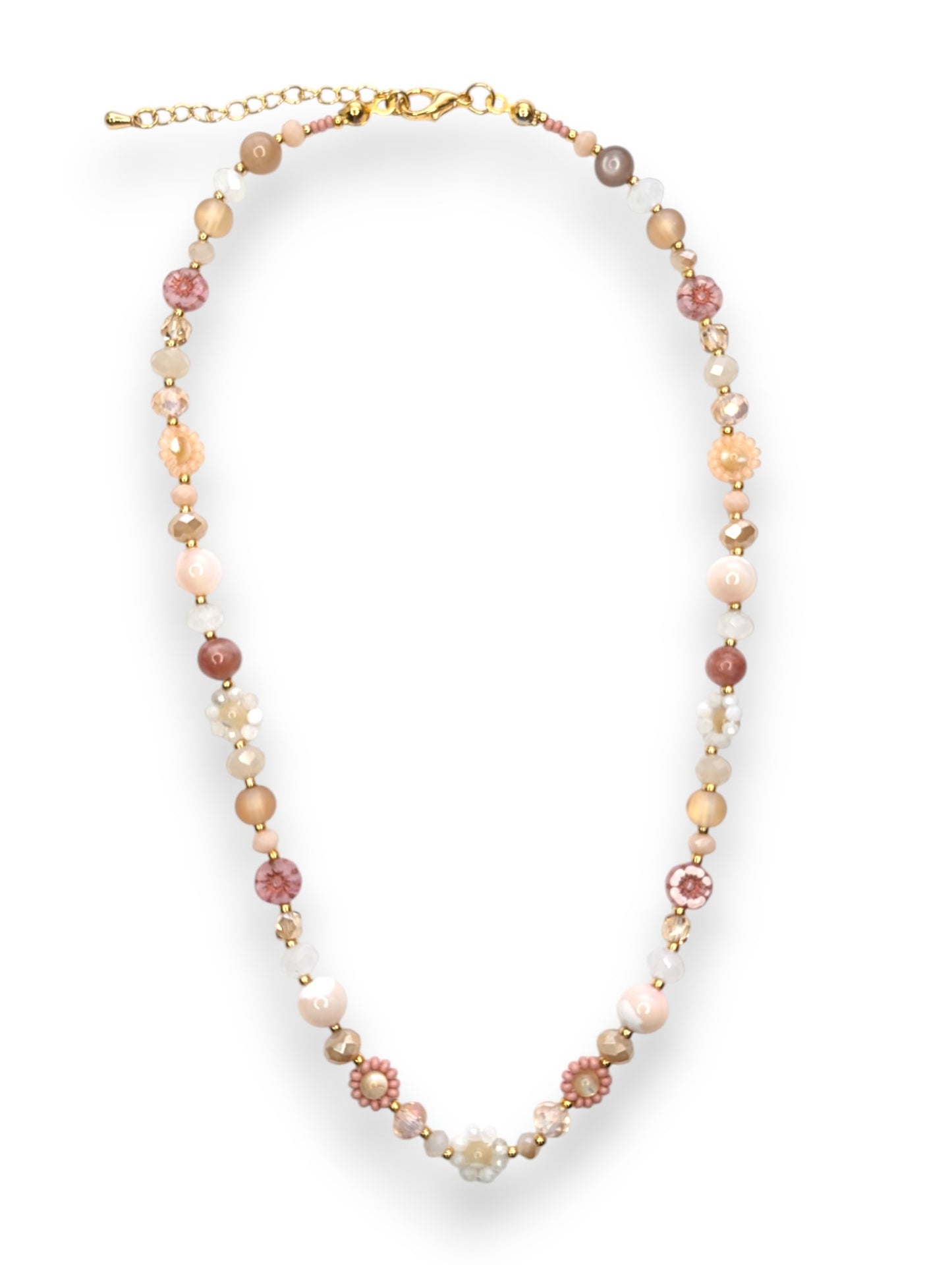 “Blush Hour Daisy Chain Necklace – blush, cream, champagne beads, gold-plated chain.”
