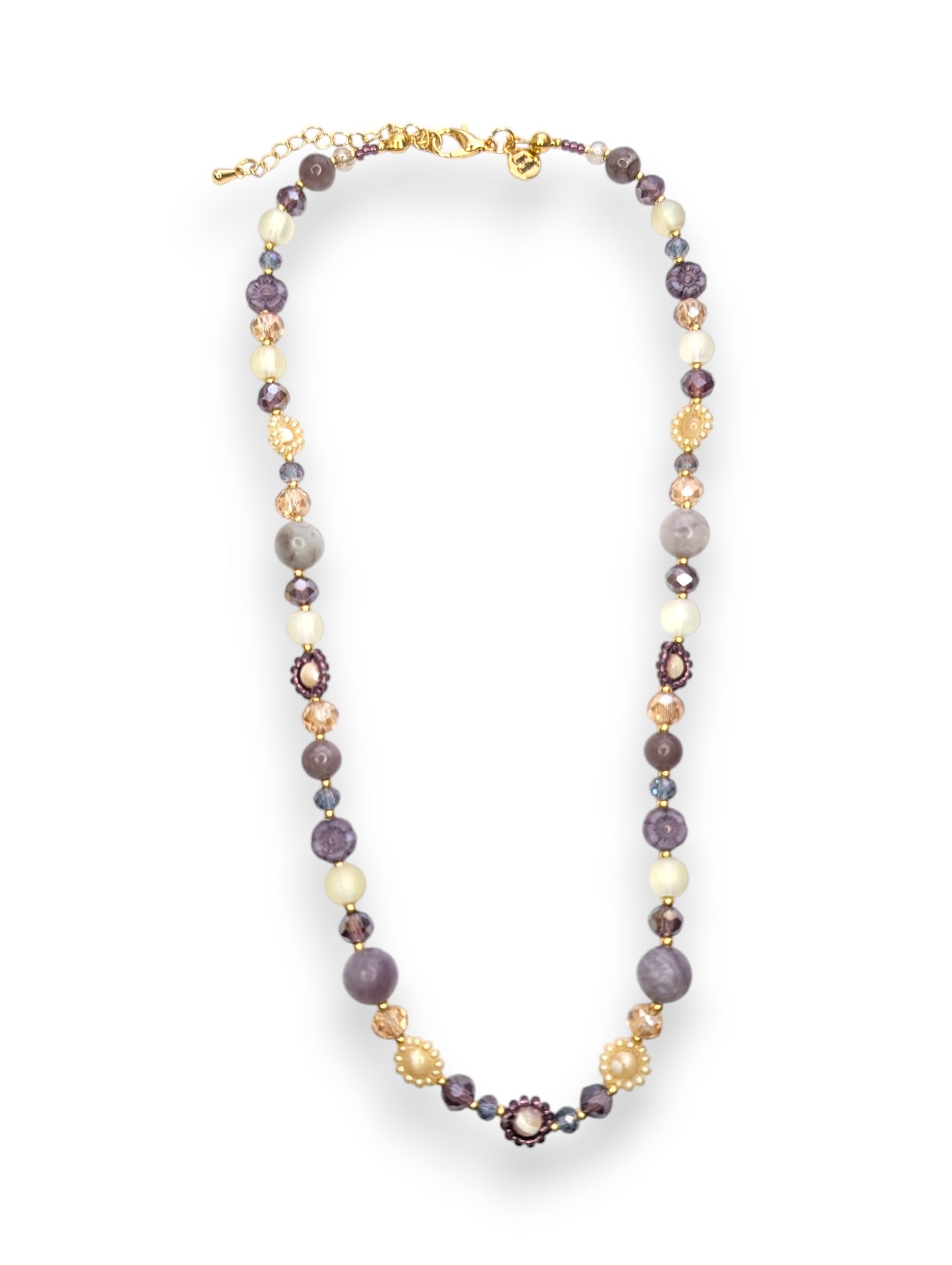 Mauve It Over Daisy Chain Necklace – kunzite, cream pearls, purple beads, gold-plated chain.