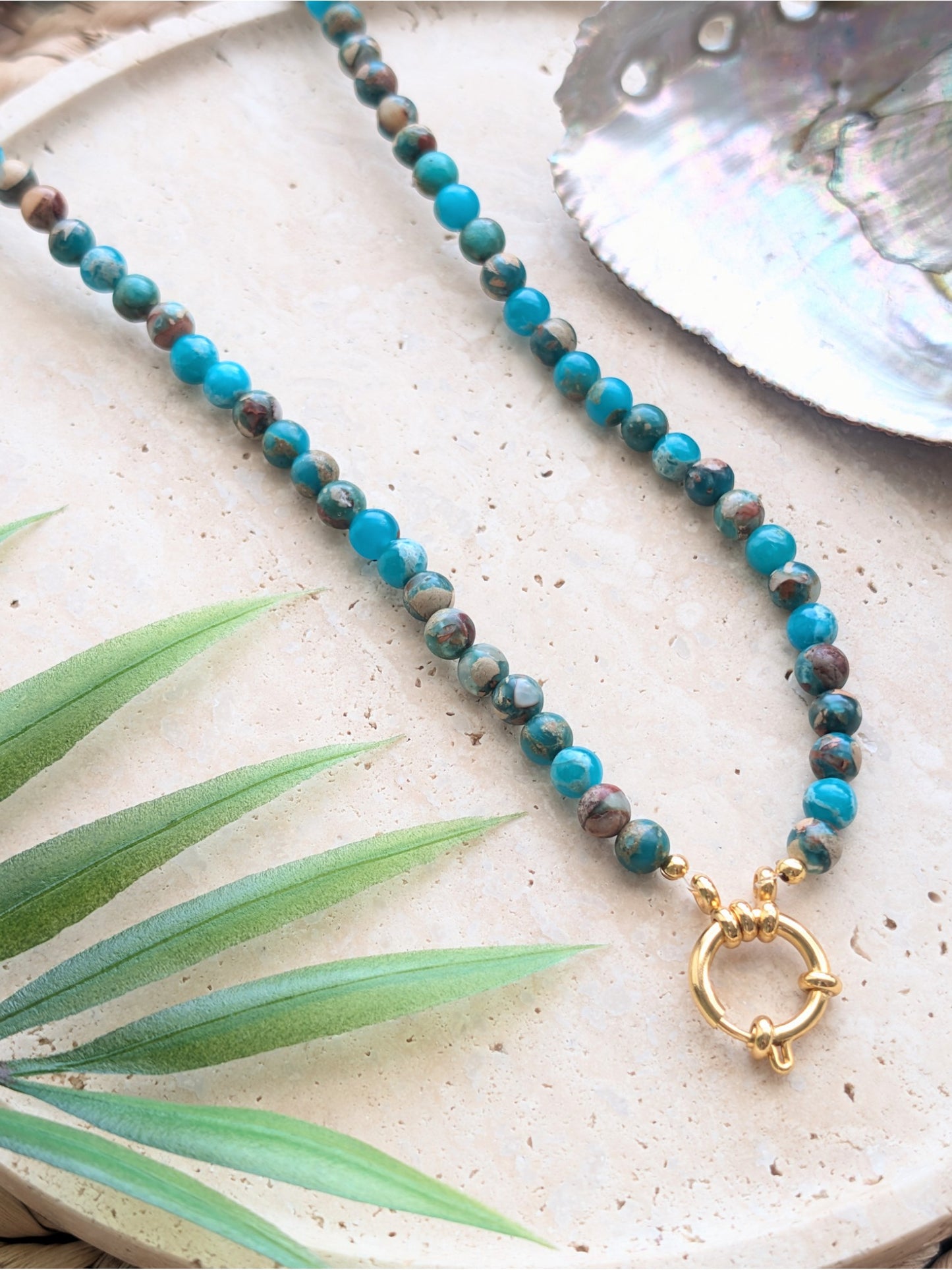 The Emmaline Charm Choker Necklace - Aqua Serpentine Jasper