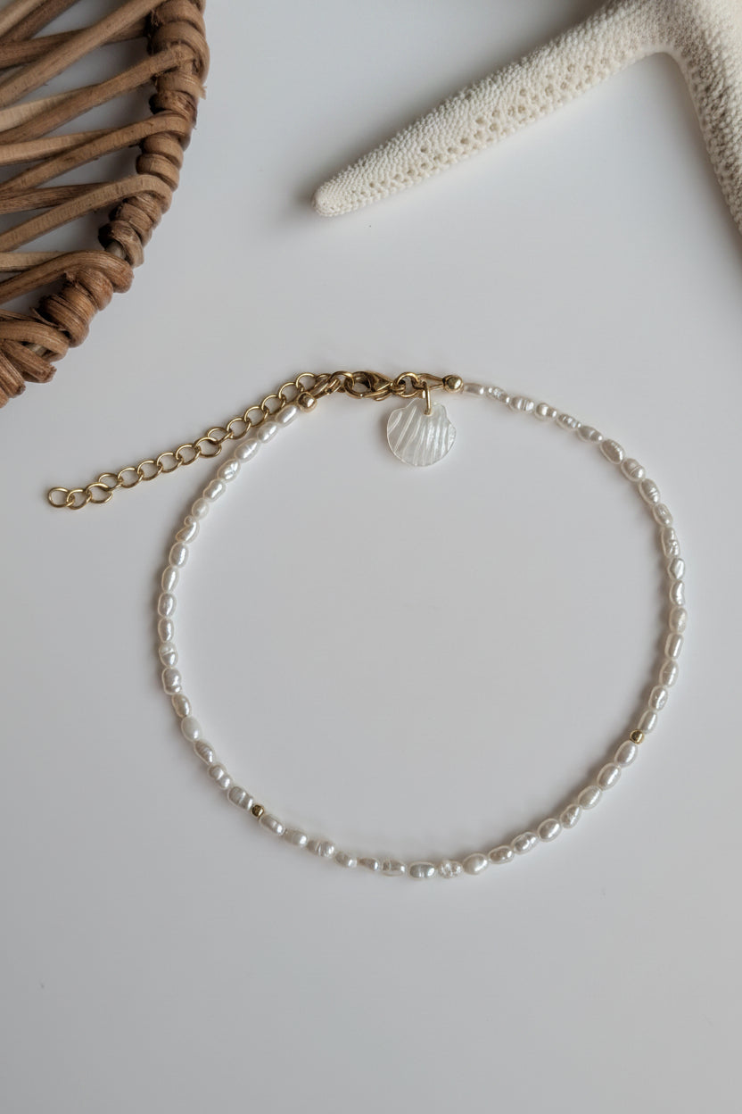 Minimal freshwater pearl anklet with white pearls and gold PVD hardware