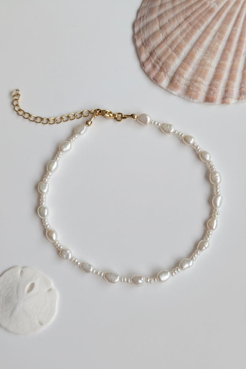 Minimal freshwater pearl anklet with white pearls and gold PVD extender chain