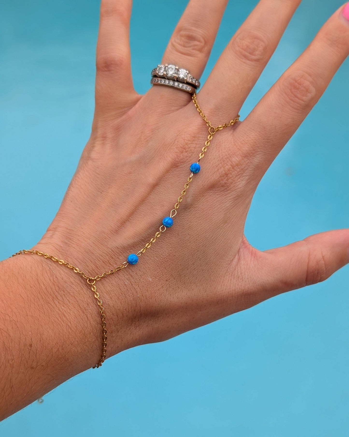 Sapphire Blue Fire Opal 18k Gold Hand Chain | Pacific Sapphire