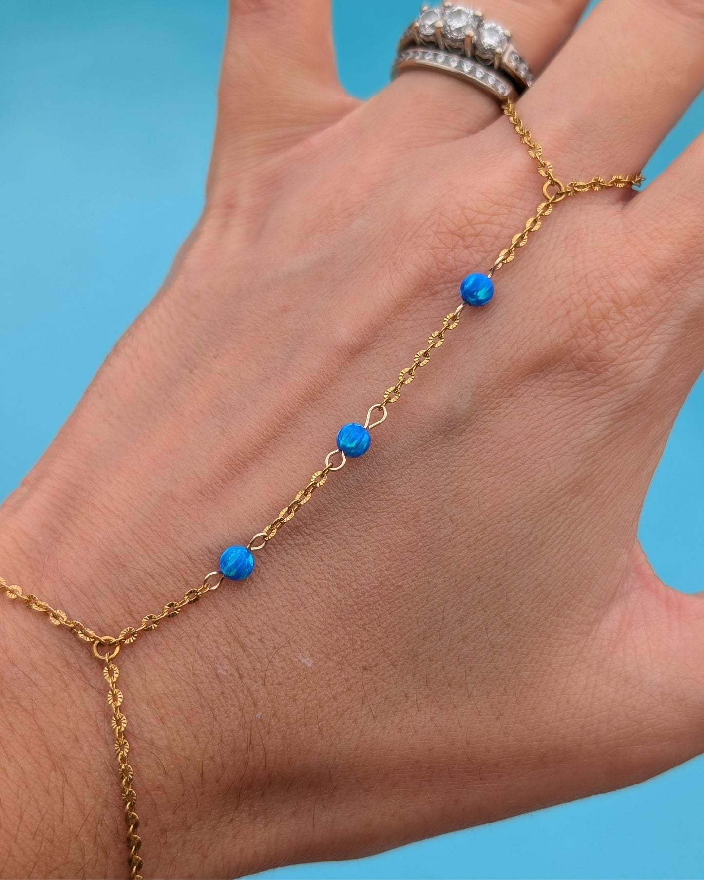 Sapphire Blue Fire Opal 18k Gold Hand Chain | Pacific Sapphire