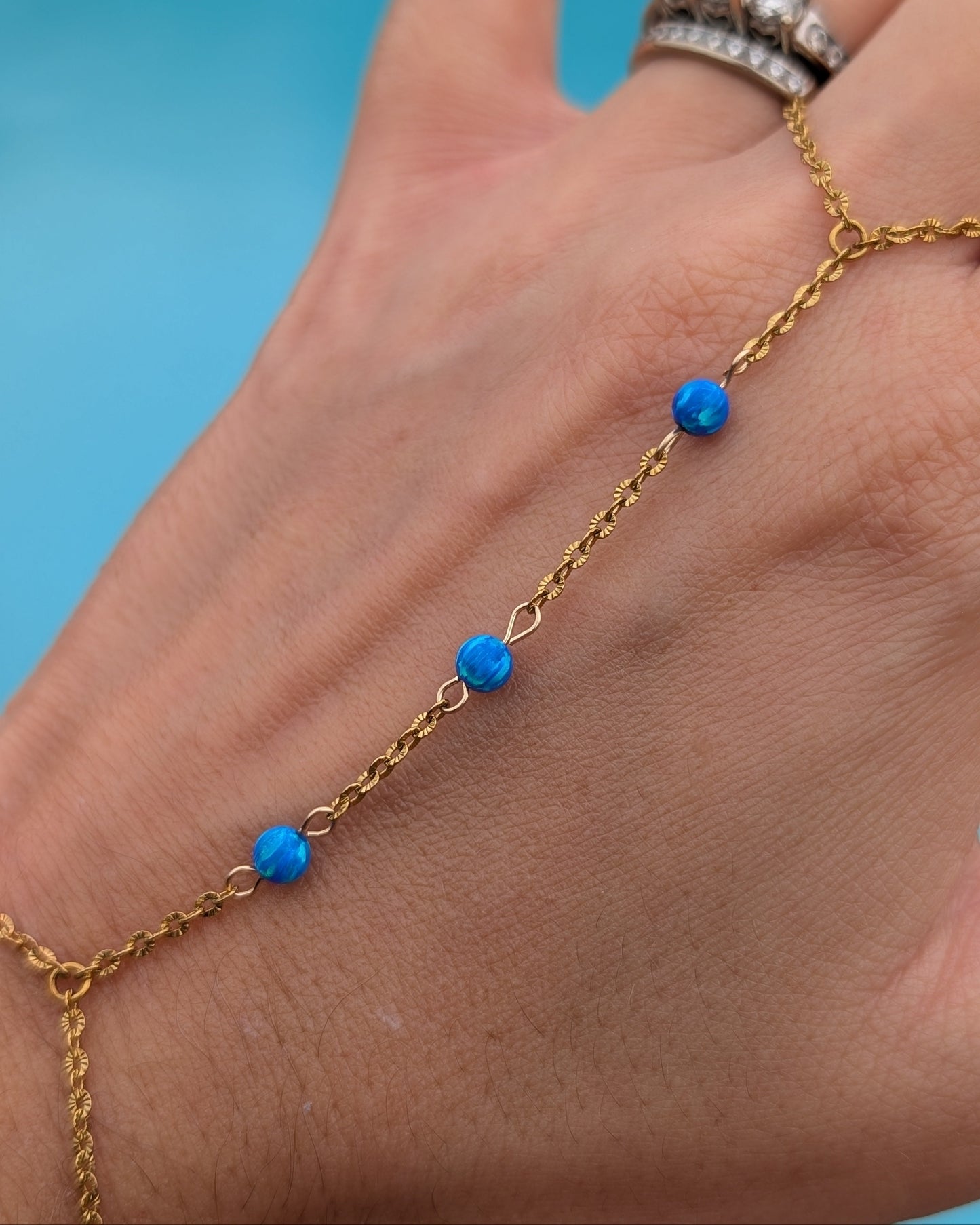 Sapphire Blue Fire Opal 18k Gold Hand Chain | Pacific Sapphire