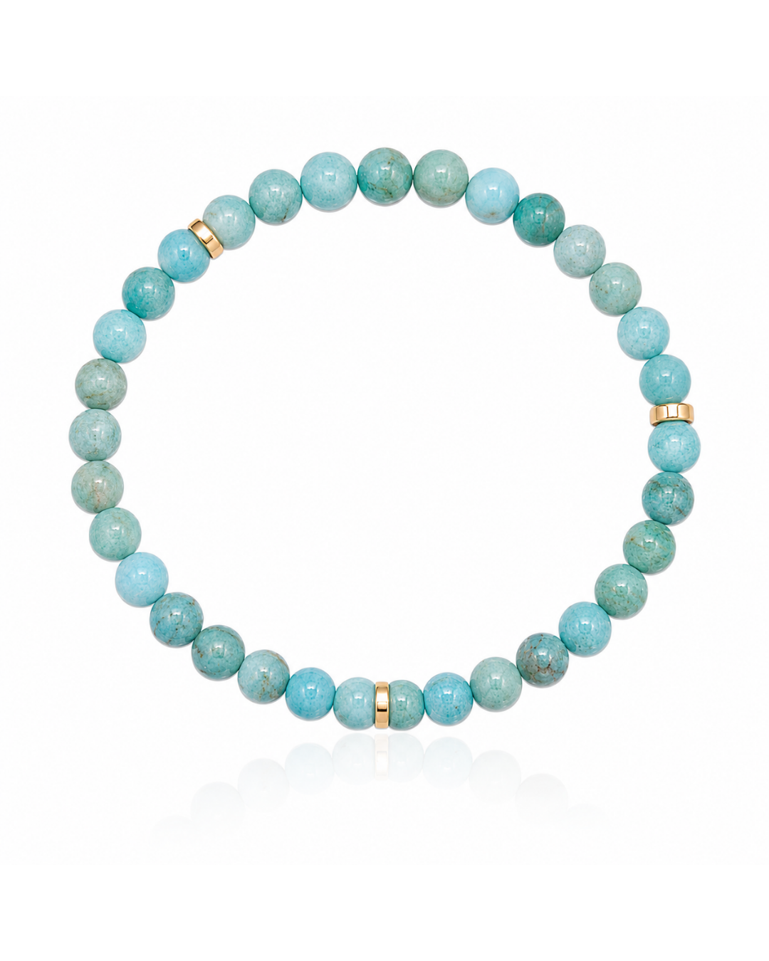 Round amazonite gemstone bracelet featuring natural turquoise blue beads with 14K gold-filled accents.