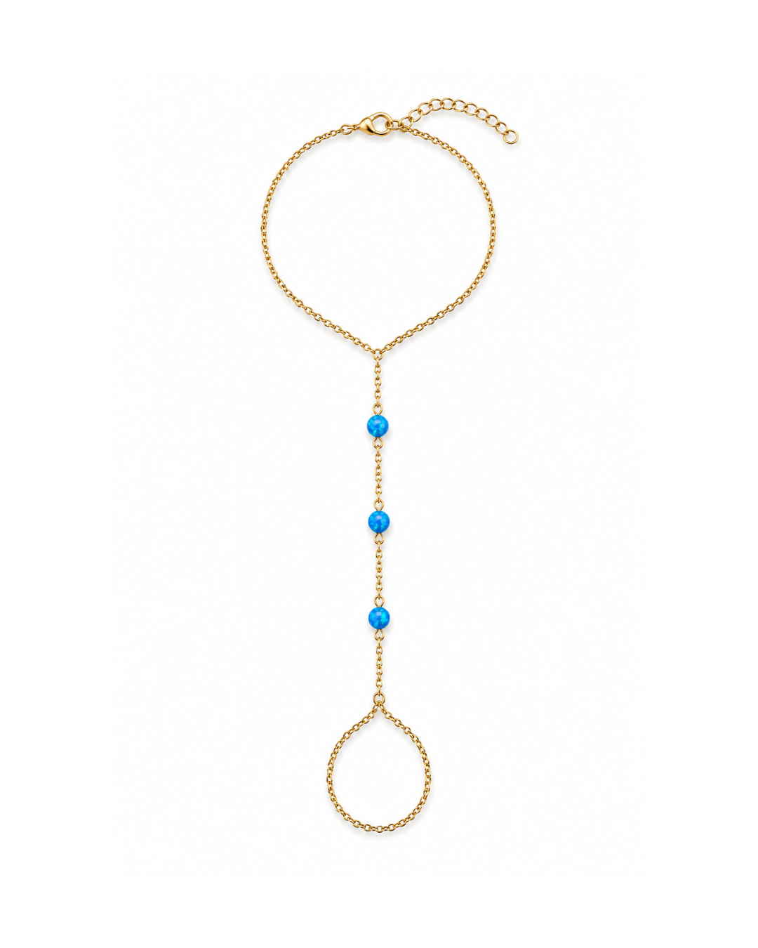 Pacific Sapphire deep blue fire opal hand chain featuring three luminous opals with cobalt, turquoise, aqua, and seafoam flashes on a diamond-cut 18K Gold PVD chain.