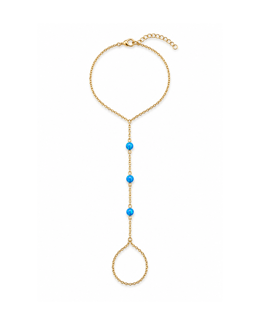 Pacific Sapphire deep blue fire opal hand chain featuring three luminous opals with cobalt, turquoise, aqua, and seafoam flashes on a diamond-cut 18K Gold PVD chain.