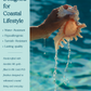 A promotional graphic for a gold-plated PVD shell pendant. The right side shows a hand holding a peach-colored conch shell with water droplets dripping from it against a turquoise ocean background.