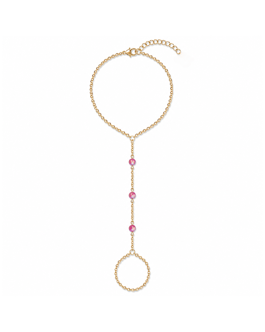 Dragon Fruit berry pink fire opal hand chain featuring three luminous opals with magenta, fuchsia, raspberry, and violet flashes on a diamond-cut 18K Gold PVD chain.
