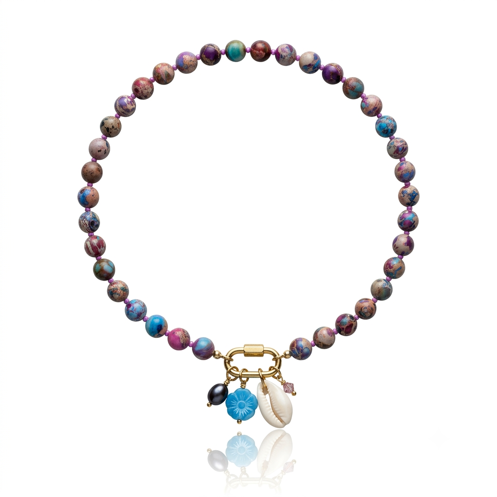 Hand-strung sea sediment jasper gemstone necklace featuring marbled berry, turquoise, and sandy neutral tones with a gold carabiner clasp and removable coastal-inspired charms.