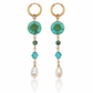 Turquoise Hibiscus Pearl Drop Earrings featuring handcrafted Czech glass hibiscus flowers, turquoise Swarovski crystals, faceted turquoise gemstone beads, freshwater pearl drops, and 18K Gold PVD hoops.