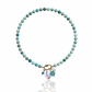 Hand-strung Peruvian turquoise gemstone necklace featuring an 18K Gold PVD oval carabiner clasp with removable charms including a turquoise Swarovski crystal, Czech glass hibiscus, Hawaiian spotted drupe shell, and freshwater pearl.
