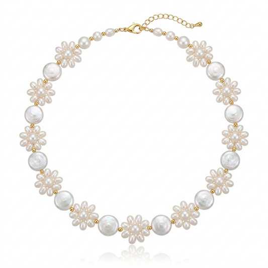 Handwoven freshwater pearl floral necklace featuring assorted genuine pearls arranged in a Hawaiian lei-inspired design with 18K Gold PVD hardware.