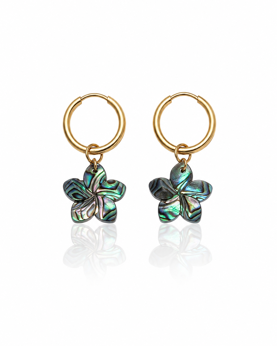 Pair of gold hoop earrings with abalone shell flower charms on a white background