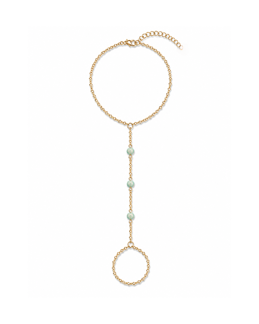 Mint Mojito mint green fire opal hand chain featuring three luminous mint green fire opals on a diamond-cut 18K Gold PVD chain by Charlotte's Cove.