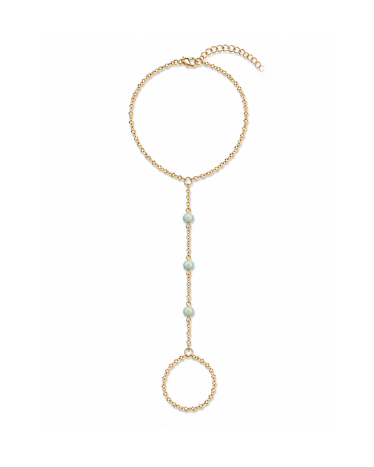 Mint Mojito mint green fire opal hand chain featuring three luminous mint green fire opals on a diamond-cut 18K Gold PVD chain by Charlotte's Cove.