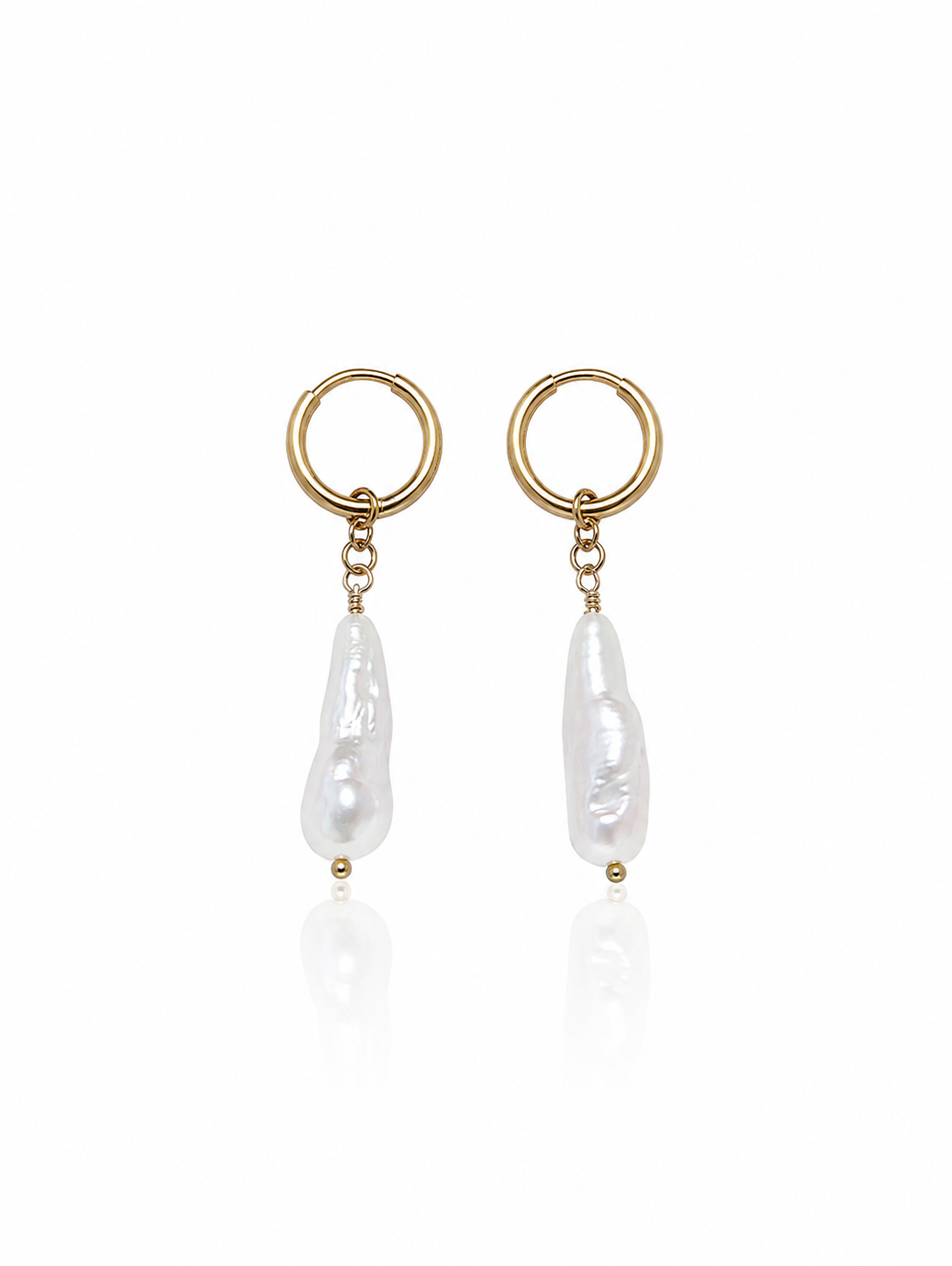 Ocean Pearl Earrings featuring genuine Biwa freshwater stick pearls suspended from polished 18K gold PVD hoop earrings for timeless coastal elegance.