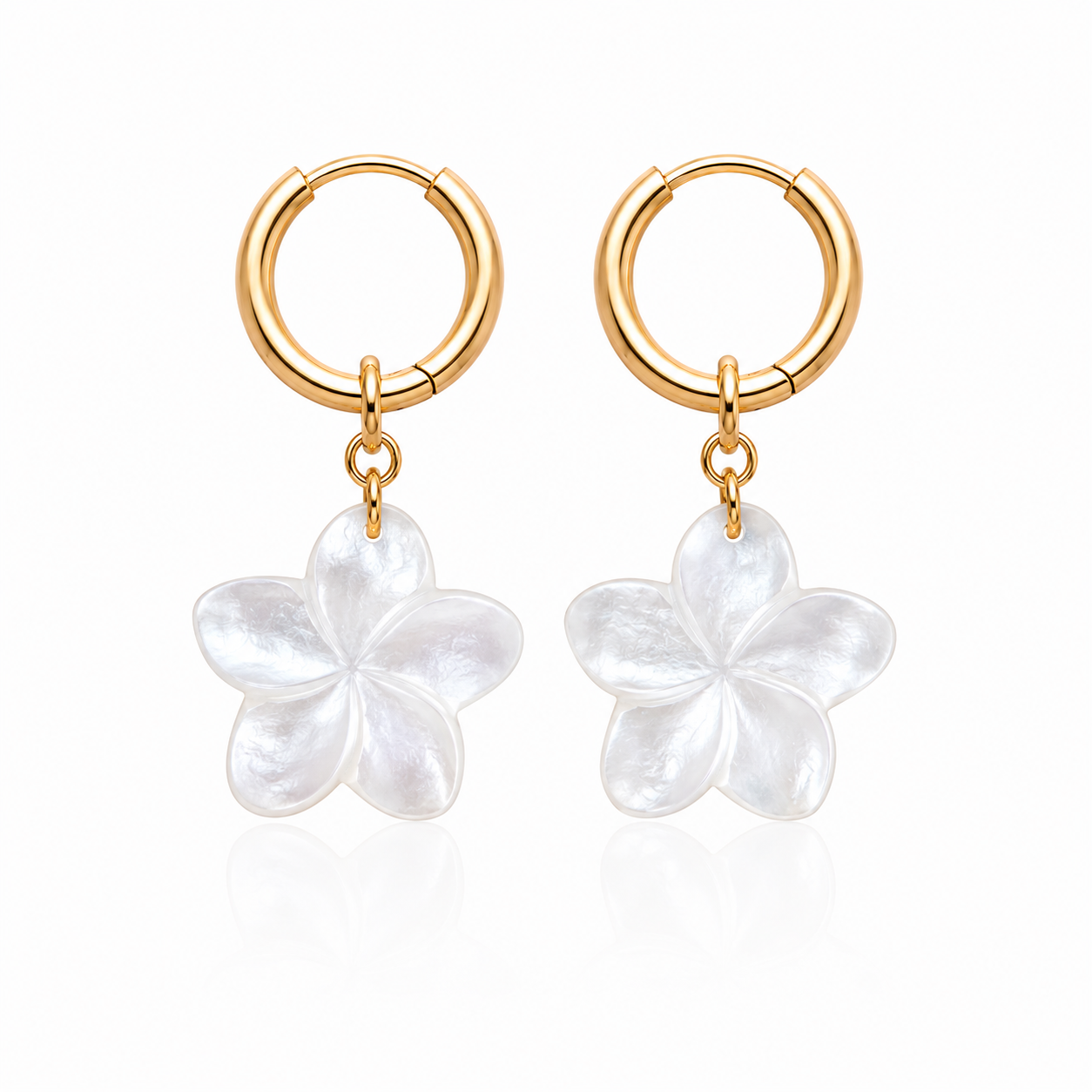 Hand-carved genuine mother of pearl plumeria flower earrings suspended from 18K Gold PVD stainless steel hoop earrings.