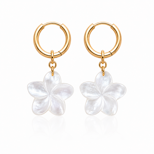 Hand-carved genuine mother of pearl plumeria flower earrings suspended from 18K Gold PVD stainless steel hoop earrings.