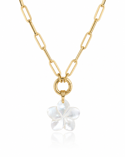 Hand-carved genuine mother of pearl plumeria flower pendant necklace on an 18K Gold PVD paperclip chain with a removable carabiner clasp.