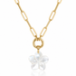 Gold chain necklace with a white flower pendant on a white background