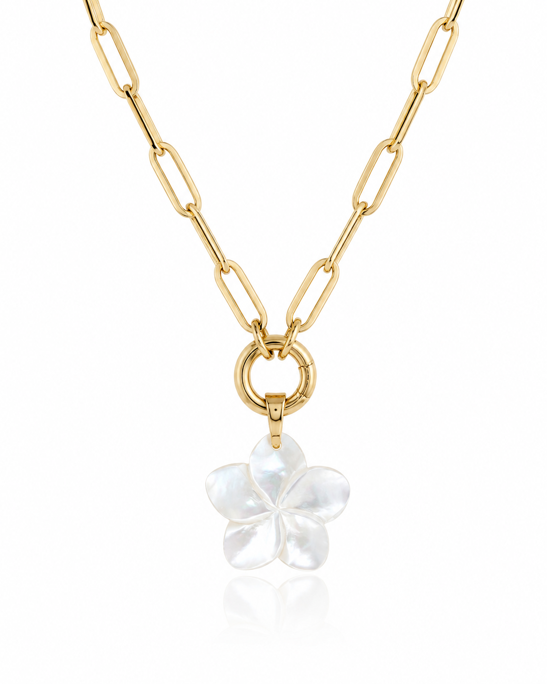 Gold chain necklace with a white flower pendant on a white background
