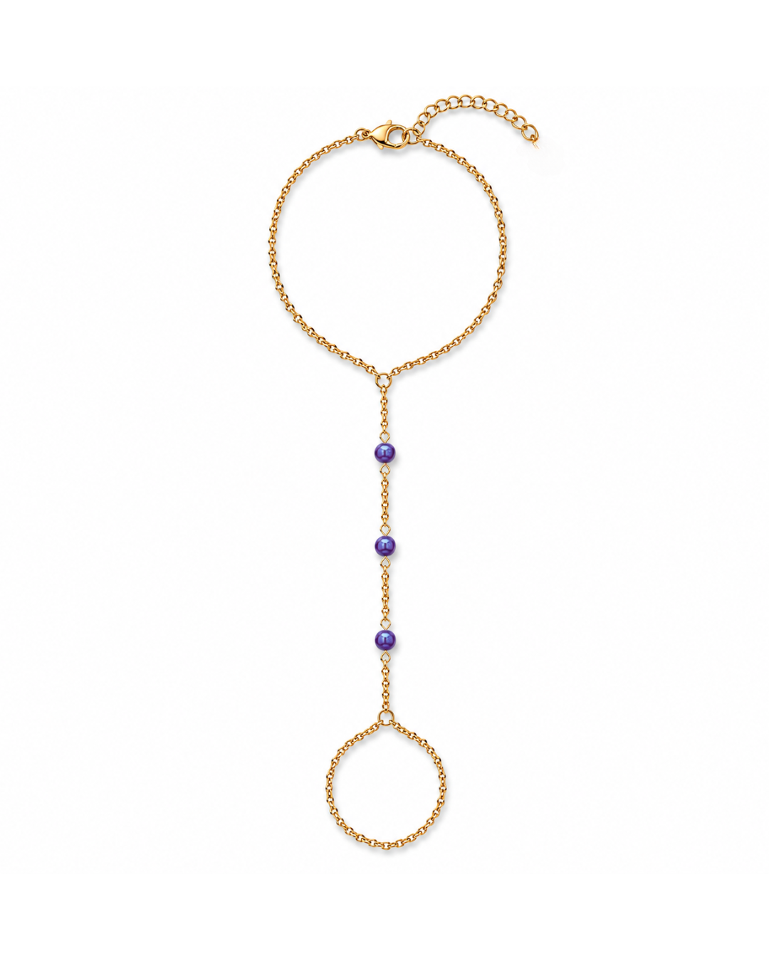 Midnight Açaí deep plum purple fire opal hand chain featuring three luminous opals with electric blue, indigo, and violet flashes on a diamond-cut 18K Gold PVD chain.