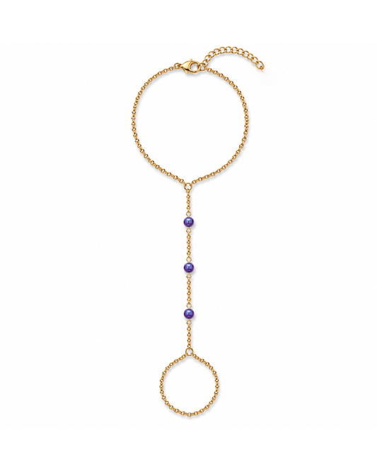 Midnight Açaí deep plum purple fire opal hand chain featuring three luminous opals with electric blue, indigo, and violet flashes on a diamond-cut 18K Gold PVD chain.