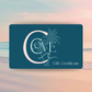 Cove gift certificate with palm tree design on a colorful background