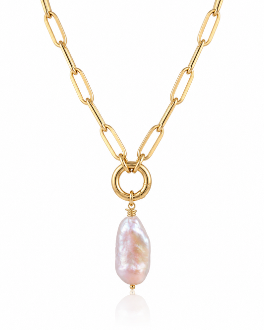 Rosé Resort Necklace with soft pink baroque pearl on gold paper clip charm holder chain