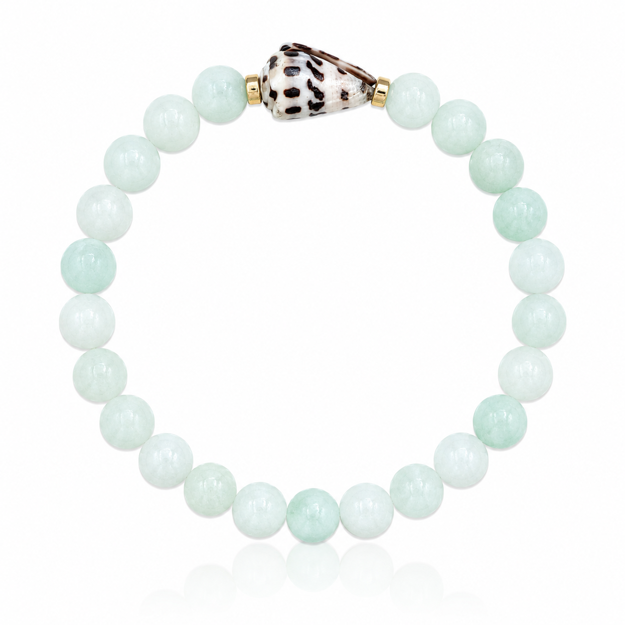 Seafoam Cove Bracelet featuring genuine seafoam green quartz gemstones, 14K gold-filled accent beads, and a rare natural Hebrew cone shell centerpiece inspired by hidden tropical coves and ocean treasures.