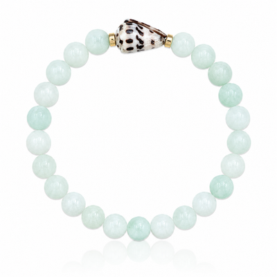 Seafoam Cove Bracelet featuring genuine seafoam green quartz gemstones, 14K gold-filled accent beads, and a rare natural Hebrew cone shell centerpiece inspired by hidden tropical coves and ocean treasures.