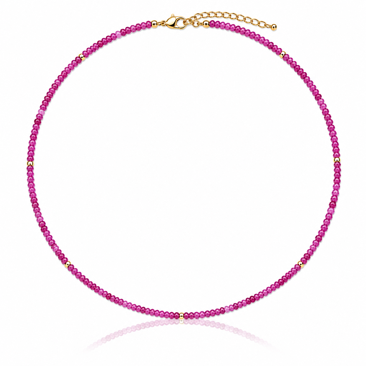 Hand-strung genuine faceted pink ruby gemstone necklace with 18K Gold PVD accents, inspired by the soft pink and purple colors of Hawaiian sunsets.