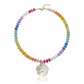 Colorful rainbow gemstone necklace with freshwater pearl spacers and a hand-carved mother of pearl hibiscus flower pendant on 18K Gold PVD hardware.