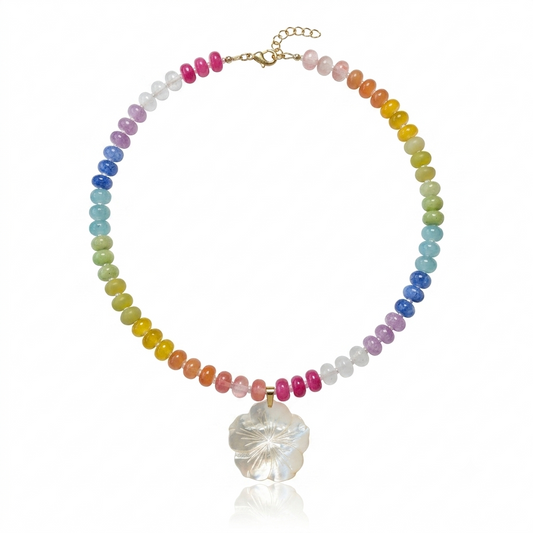 Colorful rainbow gemstone necklace with freshwater pearl spacers and a hand-carved mother of pearl hibiscus flower pendant on 18K Gold PVD hardware.